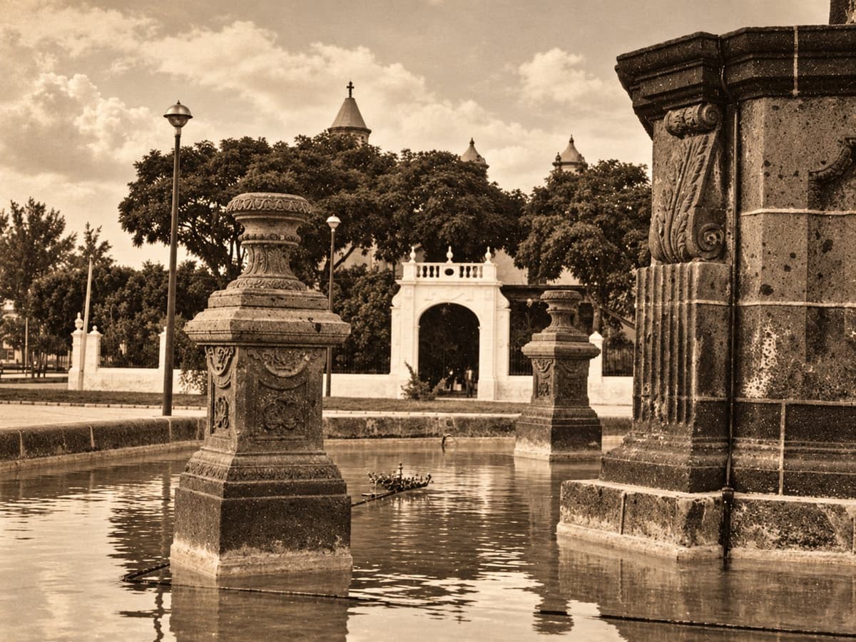 Fotografía antigua: Fuente del monumento a la Independencia y, al fondo, la Puerta de San José por la que se ingresaba a la Parroquia