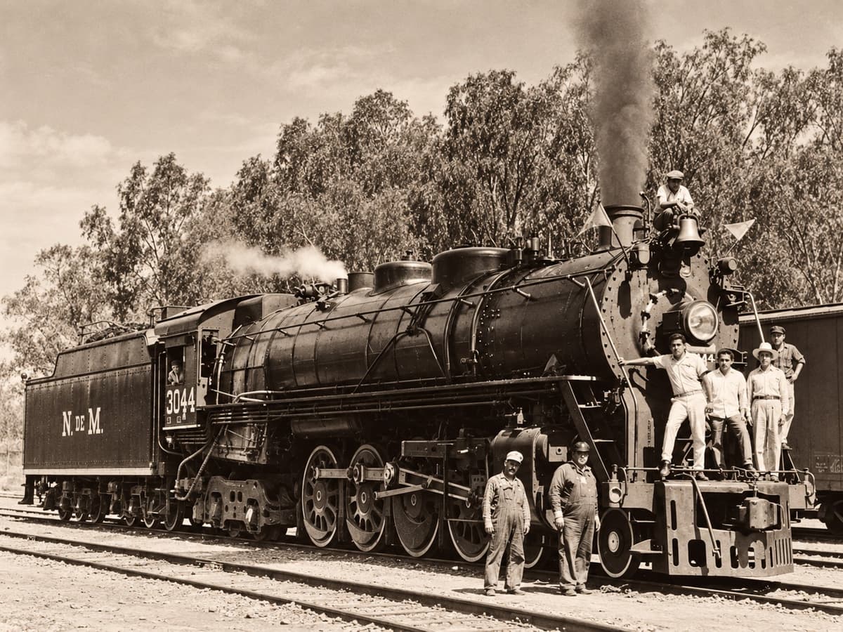 Fotografía antigua: Locomotora a vapor en la antigua estación del ferrocarril