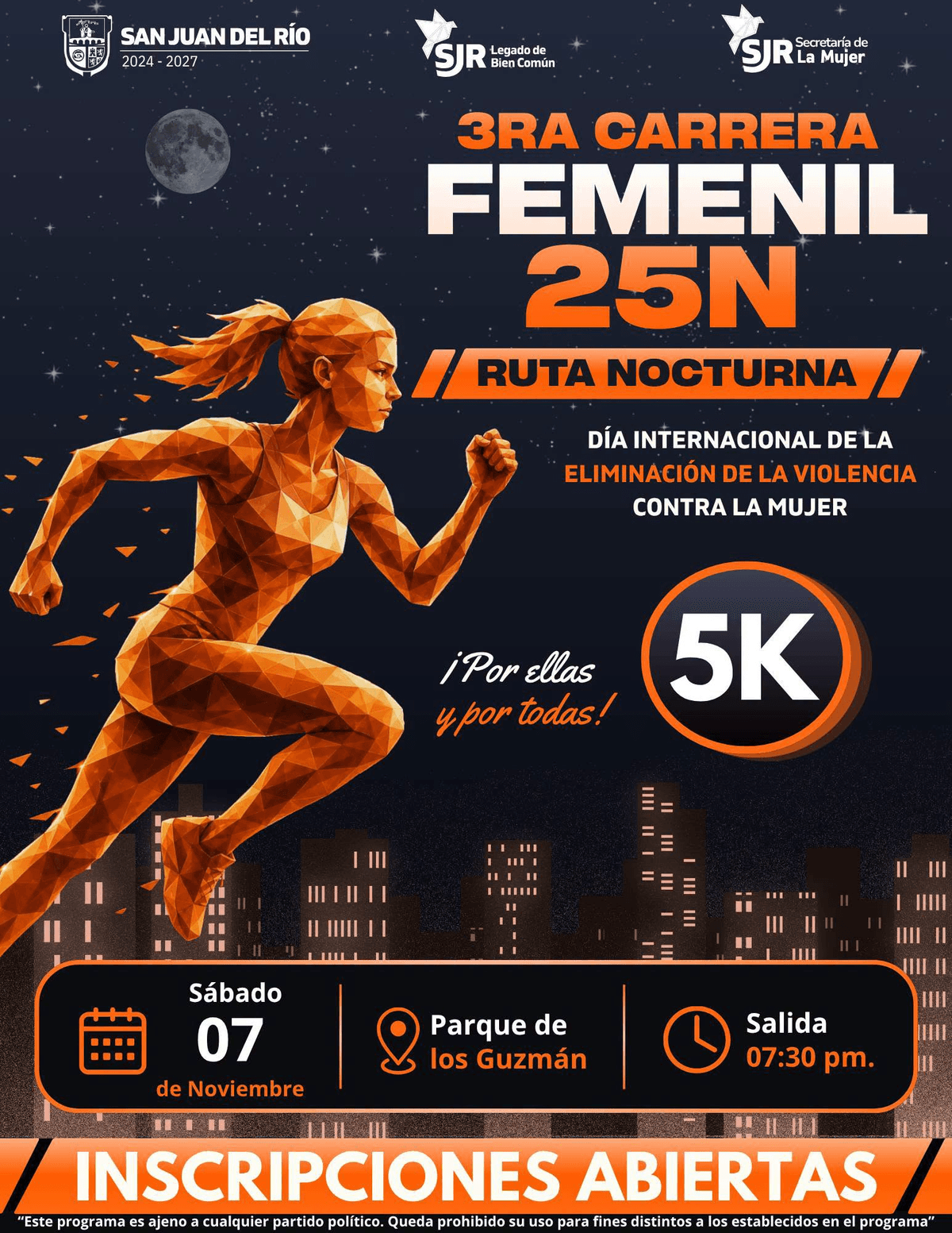 Cartel oficial: 3ra Carrera Femenil 25N · Ruta Nocturna 5K